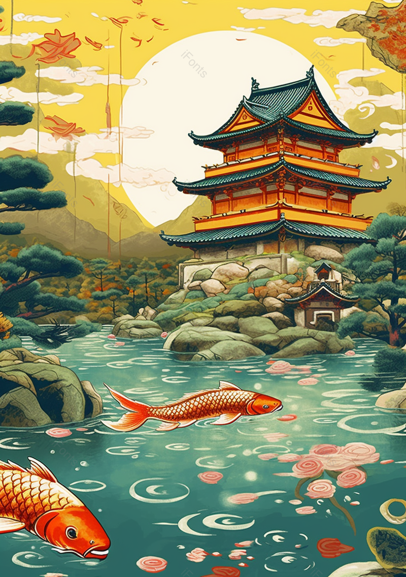 锦鲤池塘古建筑国潮中式古典插画背景,插画/手绘图,插画/手绘图库,插画/手绘图下载,插画/手绘